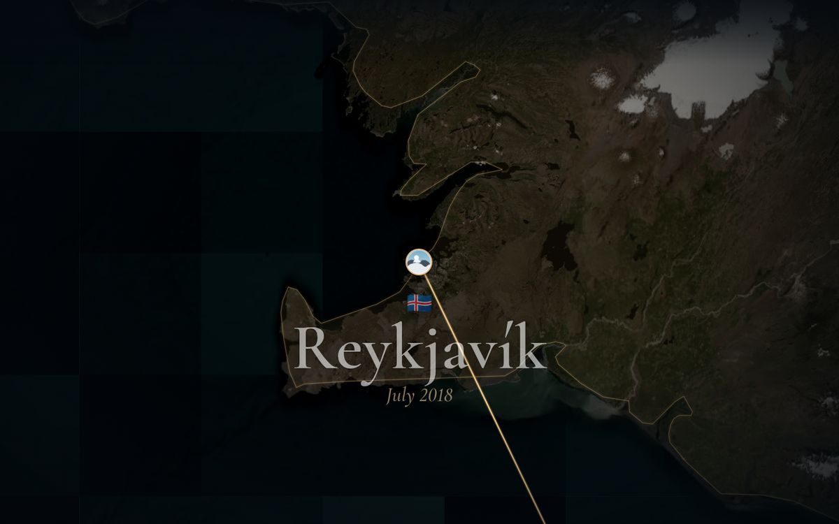 Play my atlas: the map zoomed in on Reykjavík, July 2018, with the travel line continuing to the next place