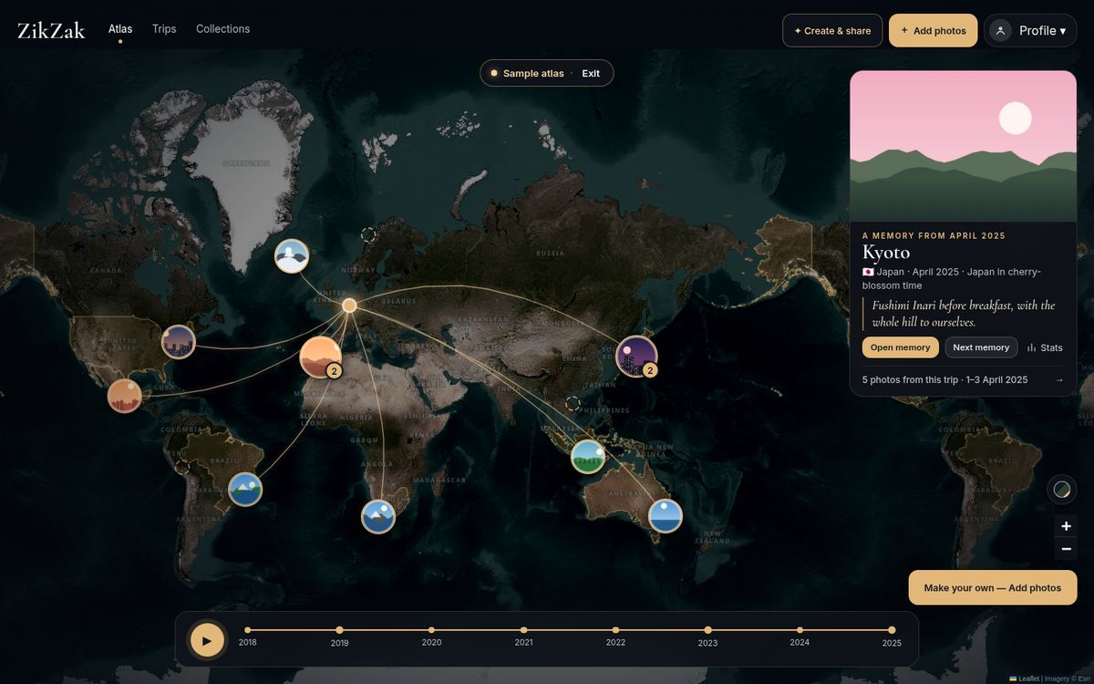 A travel map made from photos: trips drawn from home across a dark world map, with photo pins in each place